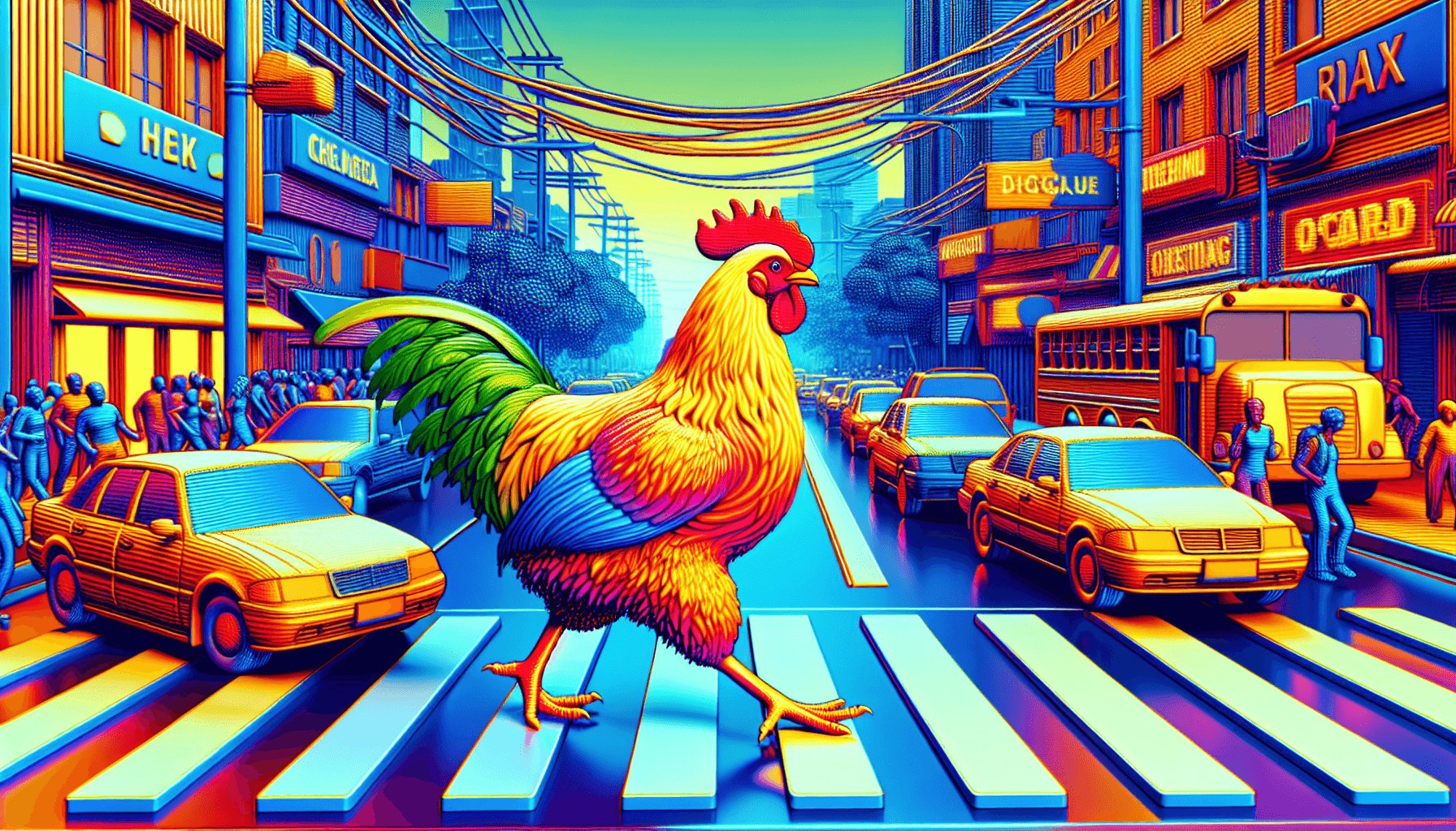 Heroic chicken crossing a street