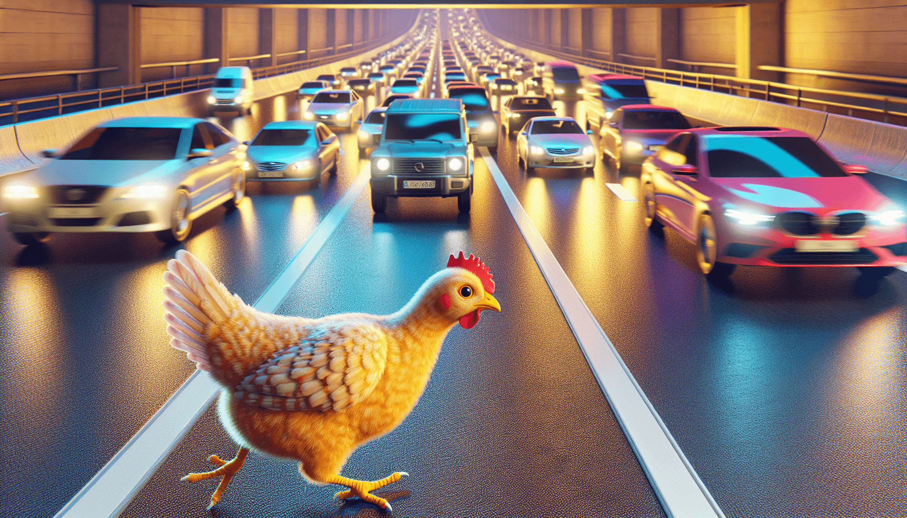 Chicken avoiding cars on a busy highway