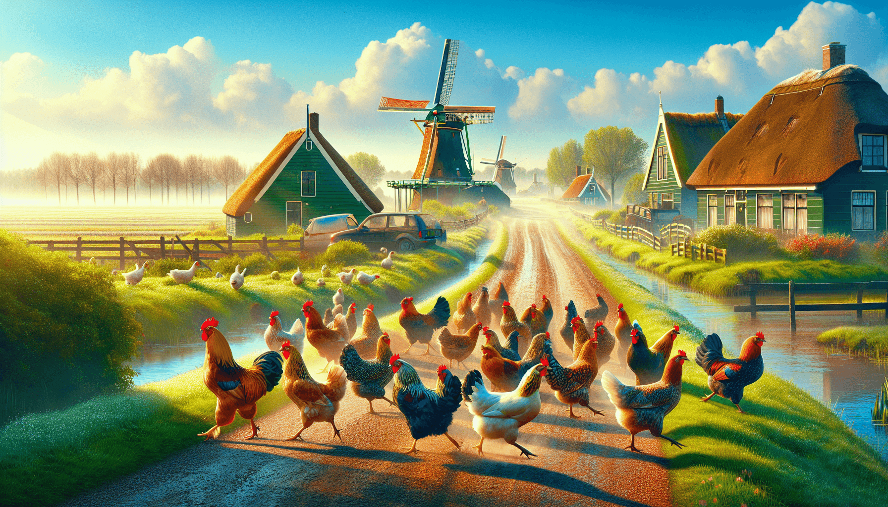 Chickens crossing a road in Dutch countryside